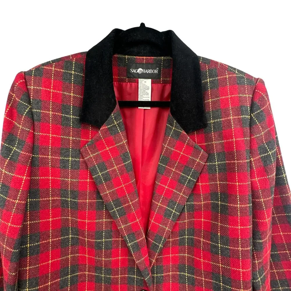VTG Sag Harbor Blazer 14 Red Plaid Academia Christmas Career Old Money Wool 90s